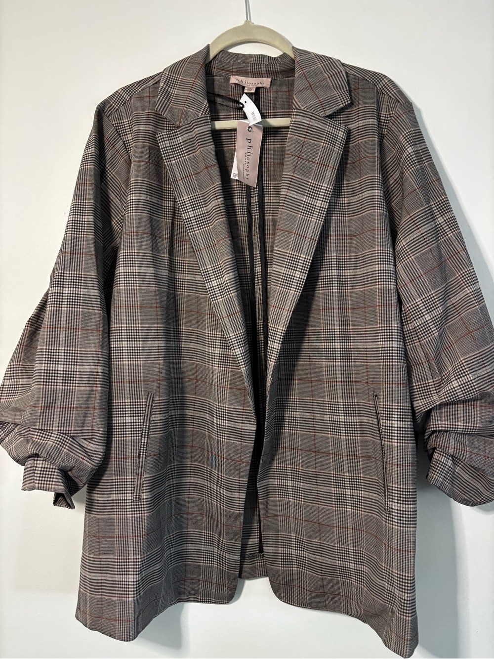 Philosophy Plaid Open-Front Blazer in Gray and Brown